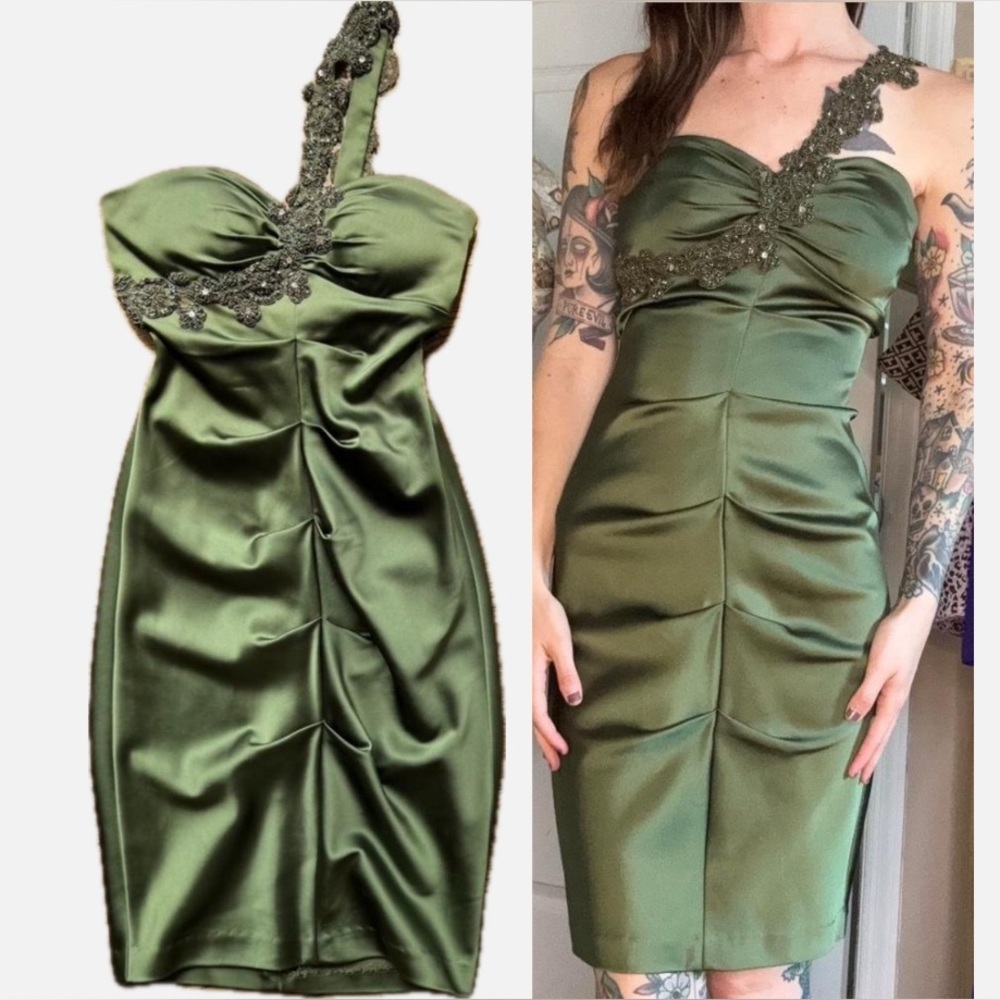 Cache Y2K Green Satin Dress with Embellished Beaded Strap